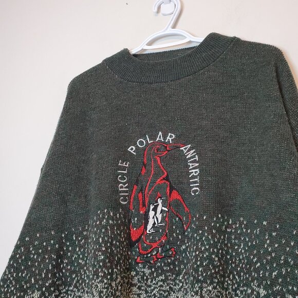 Vintage 90s Penguin Antarctic Nature Knit Sweater Green Size XL - Picture 3 of 4